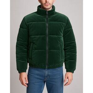 Forever 21 Velvet Puffer Jacket Unisex Sz S Dark Green Velour Bomber Coat Zip Up